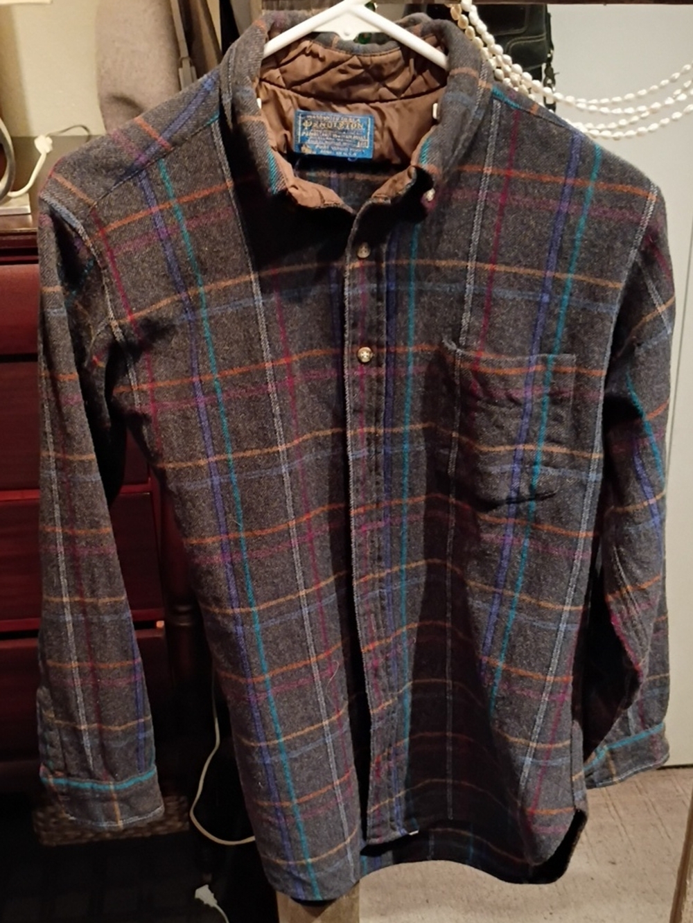 Pendleton Gray Plaid Button-Down Shirt with Blue & Brown Accents Women's M